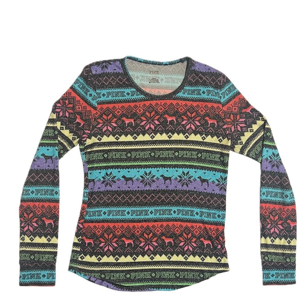 Victoria's Secret VS PINK Rainbow Fair Isle Thermal Pajama Top VS Dog Size M